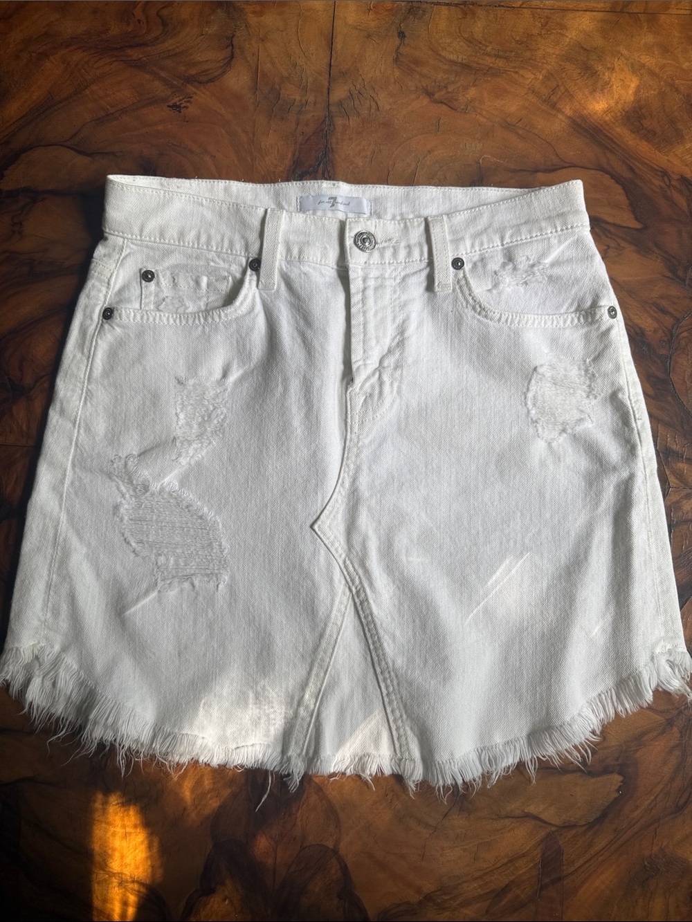 7 For All Mankind White Distressed Denim Mini Skirt